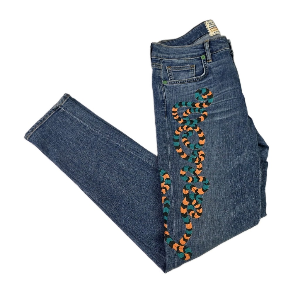 Sandrine Rose Jeans Womens Size 28 Snake Embroidered Mid Rise Blue Denim Pants